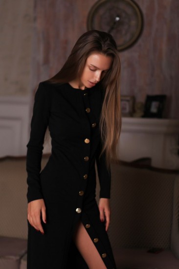 Mideve - brunette with black dress and lingerie